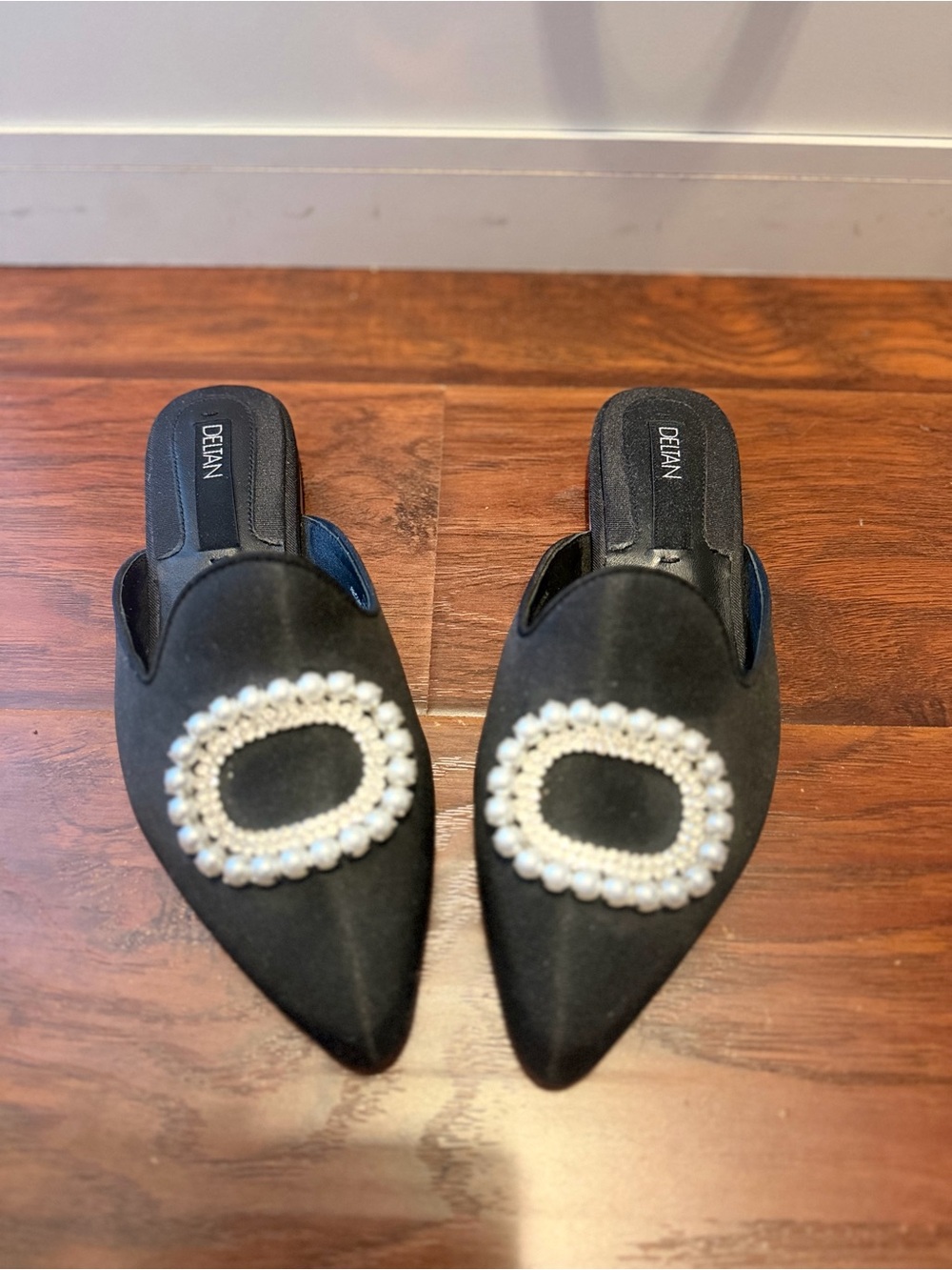 DELAN Black Pearl-Embellished Pointed Slip-On Flats
